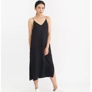 Grana Chinese Silk V-Neck Midi Slip Dress Black Sleeveless Side Slit Size M